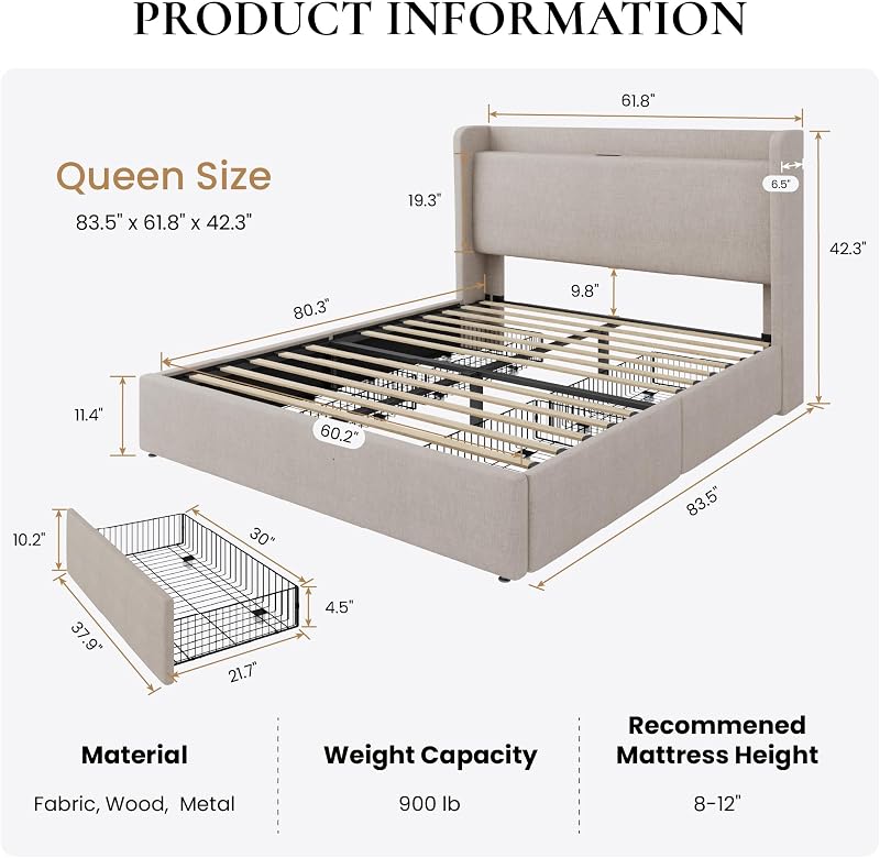 SHA CERLIN Queen Size Storage Bed Frame with 4 Oversized Drawers, Modern Wingback Headboard with Storage Shelf & Charging Station, No Box Spring Needed, Easy Assembly, Beige image 2