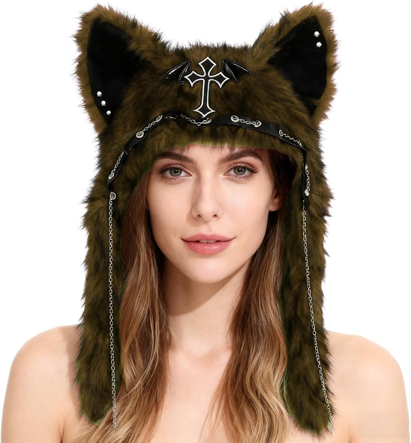 iiniim Plush Cat Ear Hat Beanie Gothic Animal Earmuffs Warm Hats Cap for Cosplay Fancy Party