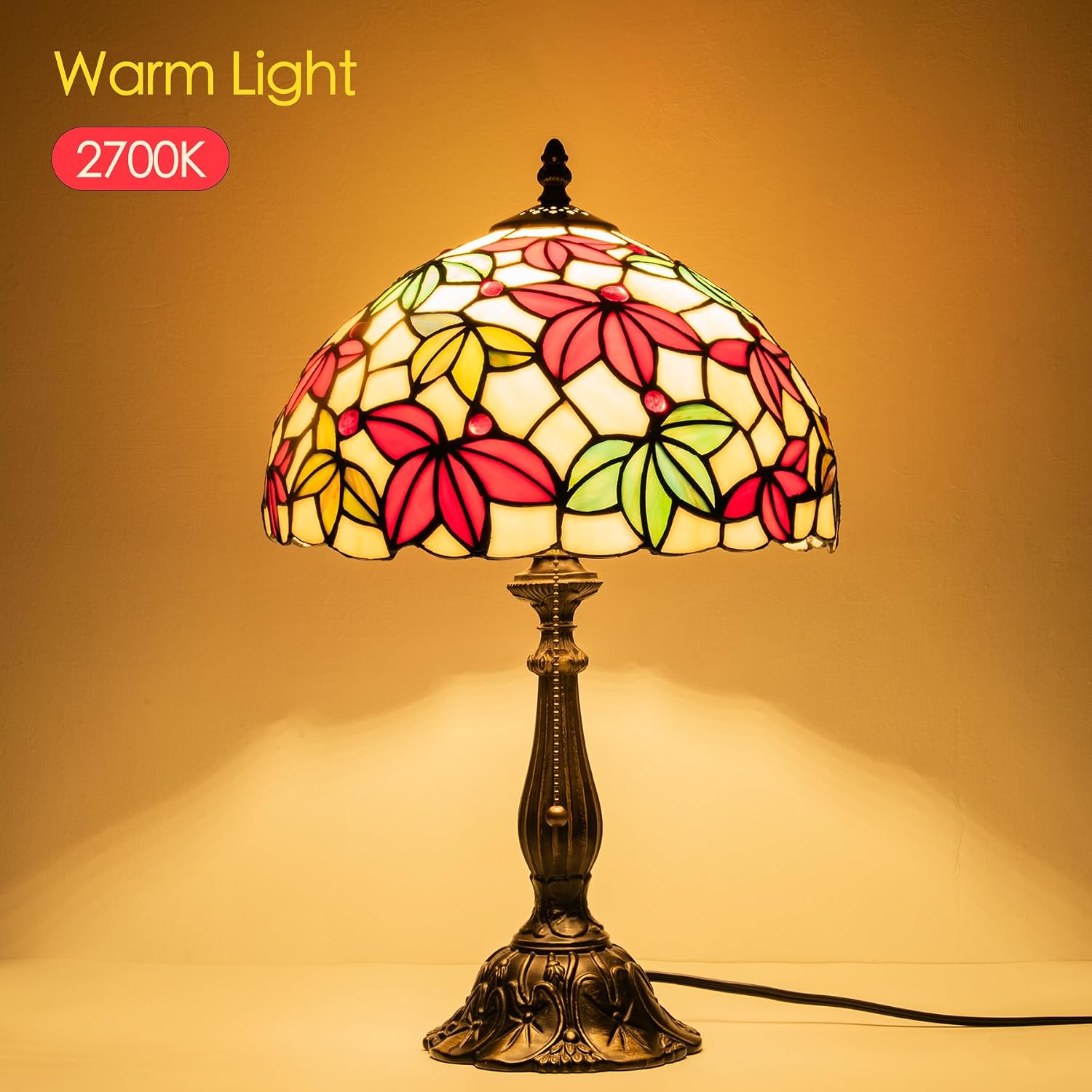 Tiffany Style Stained Glass Table Lamp, Maple Leaf Desk Light with Antique Bronze Resin Base, Multicolor Reading Lighting for Bedroom, Living Room, Office 12”X12“X19 (Maple-White)