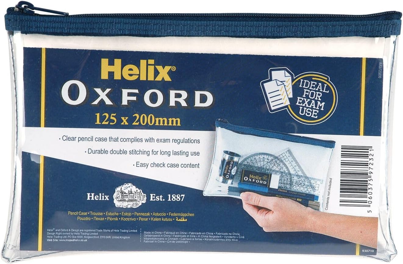 Helix Oxford Clear Pencil Case - 200x125mm - Transparent Design for Easy Contents Visibility - Durable with Secure Navy Zip – Ideal for School Exams & Stationery Storage