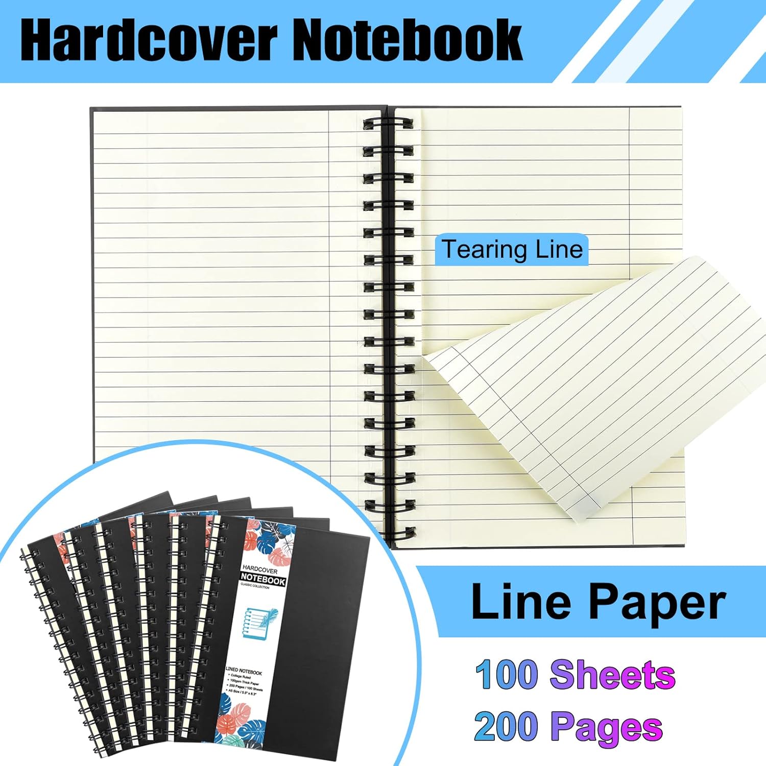 Mototo 12 Pack A5 Hardcover Spiral Notebook College Ruled Notebooks Colorful Journal Bulk Diary Planner Lined Travel Subject Writing Notepad for School Office Business Supplies, 8.3" x 5.5", Black