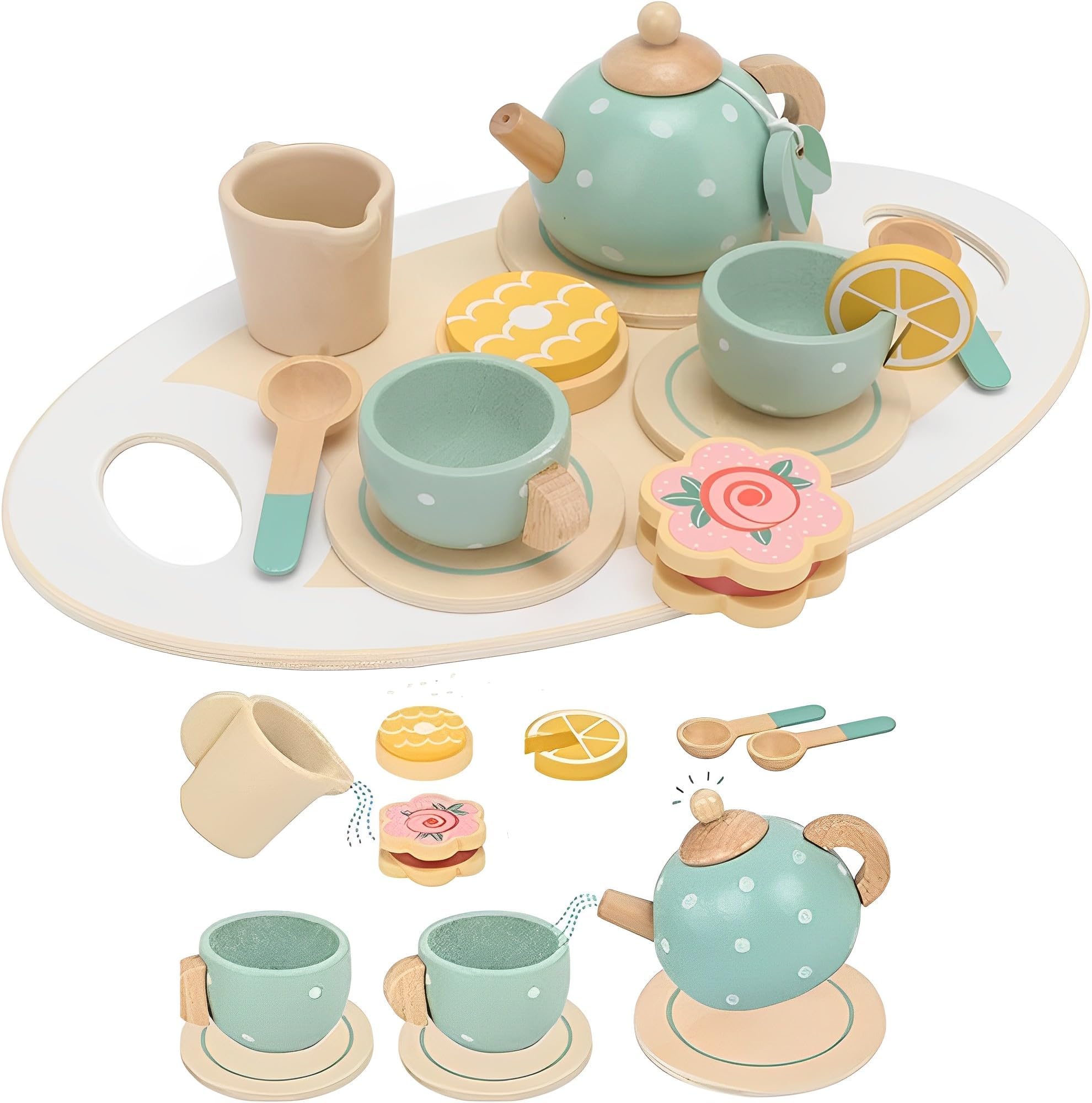 Beauenty Wooden Tea Party Set for Little Girls Boys,Wooden Tea Toys with Tea Pot Cups,Toddler Tea Set Play Kitchen Accessories for Kids Tea Party Toys,Princess Kitchen Tea Party Pretend Play Toy