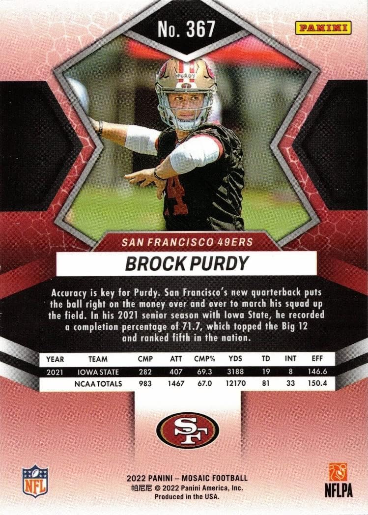 Hall of Fame Sports Memorabilia - 2022 Panini Mosaic Brock Purdy #367 Rookie RC Football Card