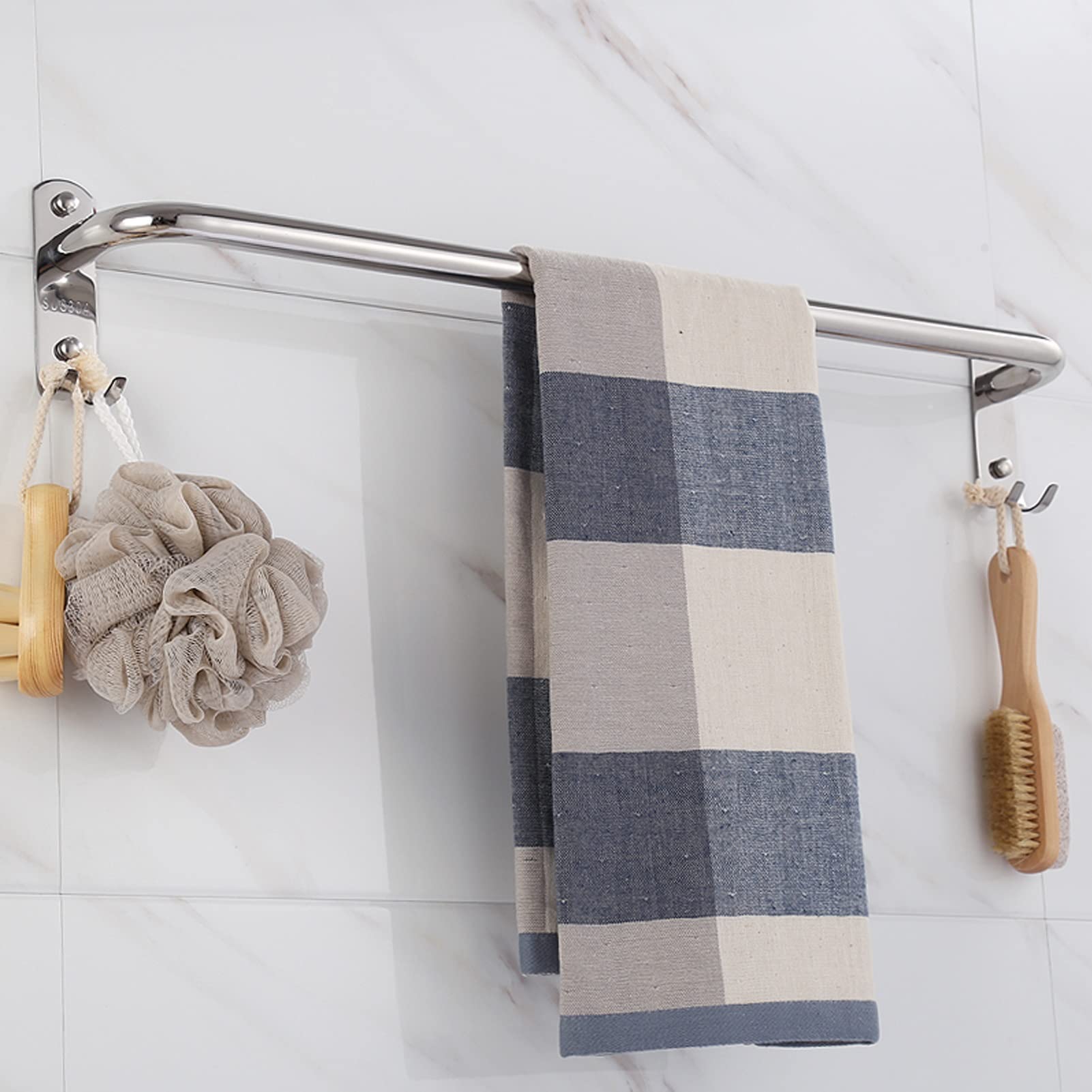 Toallero de Acero Inoxidable con Ganchos, toallero montado en la Pared, toallero para Cocina, baño, 40 cm-120 cm, Acabado Plateado Pulido (tamaño: 40 cm)