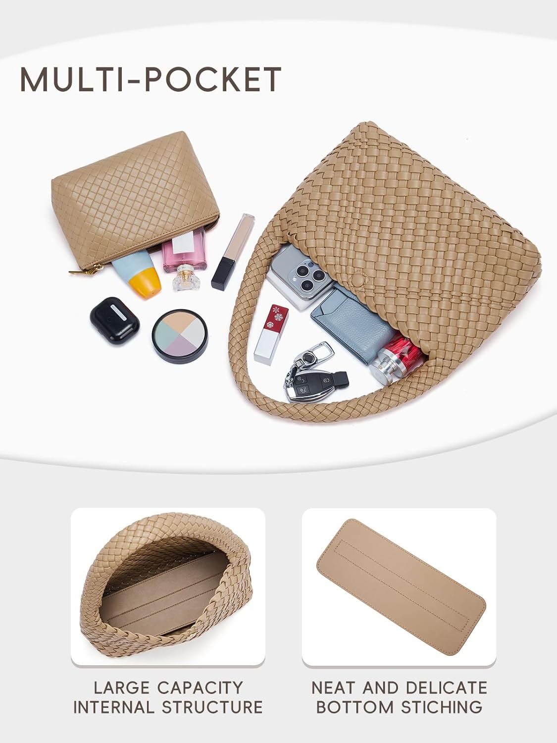 CLUCI Woven Shoulder Bag for Women, Vegan Leather Purse Tote Handbag 2PS - Image 5