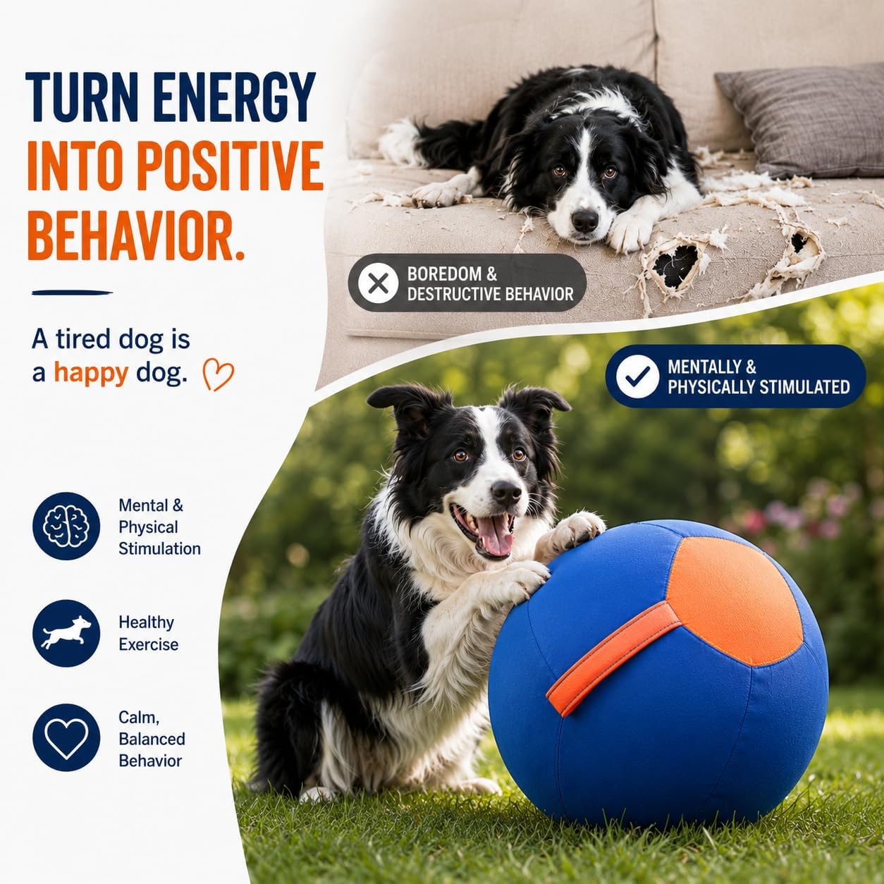 Generisch 55cm Herding Ball für Hunde, interaktiver Hundespielzeugball, Training, Kauspielzeug, Haustierbedarf, bissfestes Design, für Bereicherung, Bauernhof Hütehunde und viele andere Hunderassen