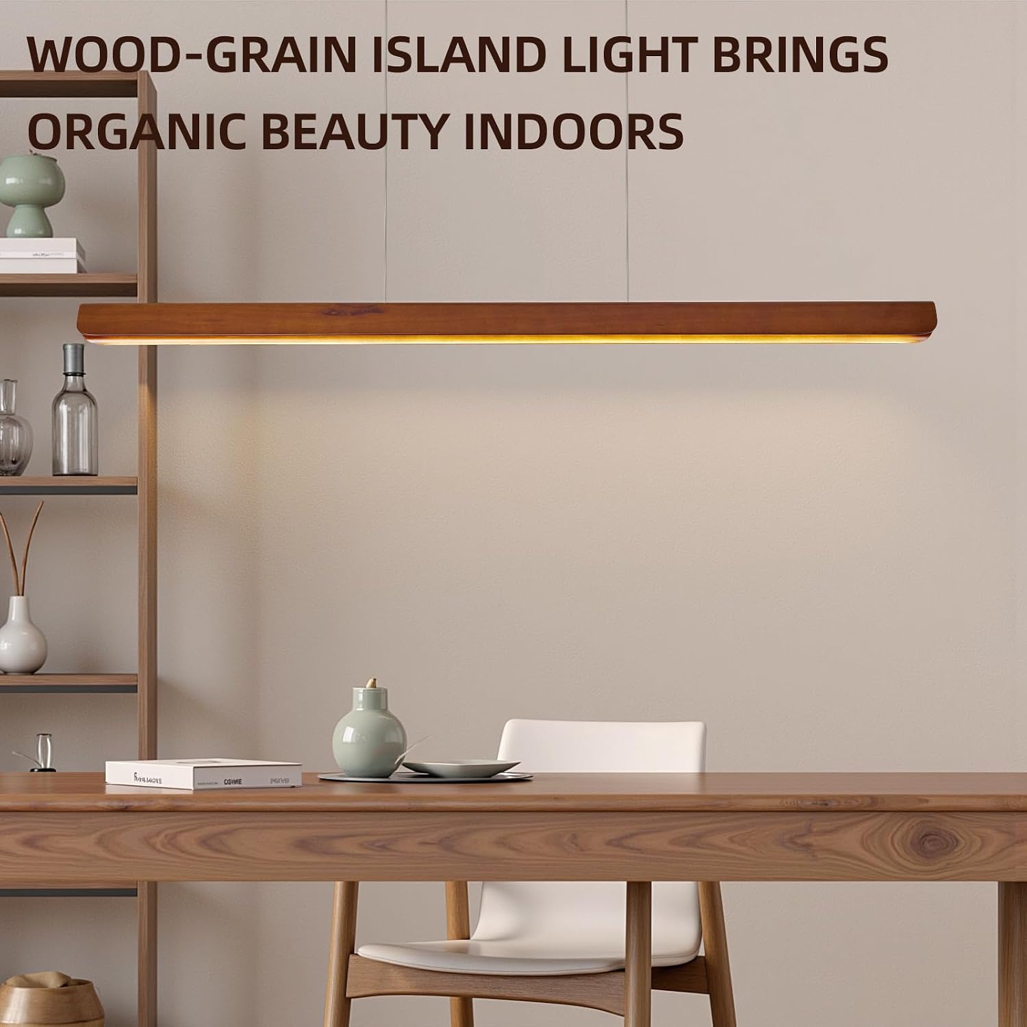 Wood Linear Pendant Light,47'' Dimmable Kitchen Island Lighting with Remote,28W LED Island Lights for Kitchen, Adjustable Linear Chandelier for Dinning Light Fixture,Pool Table Light Wood