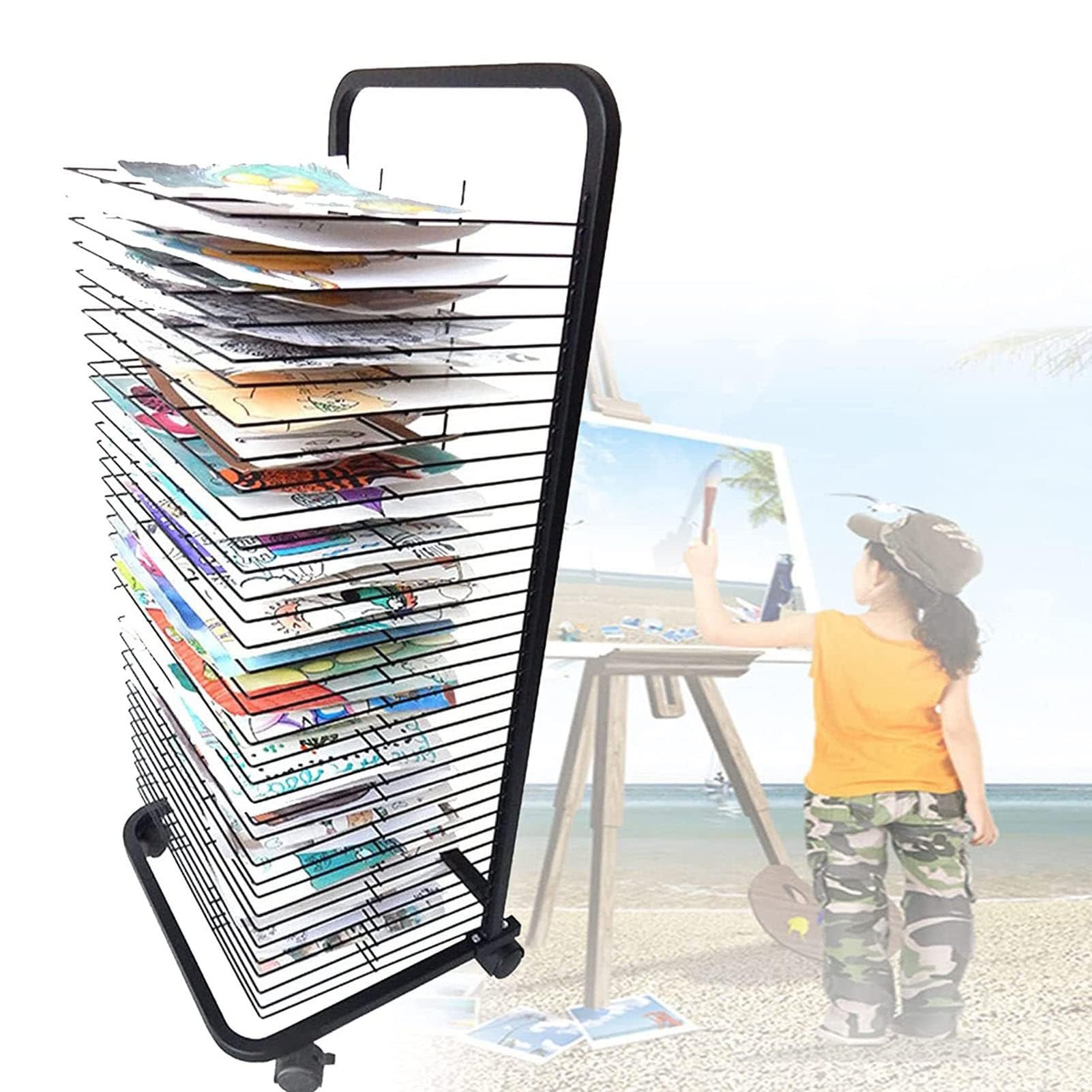 Aioneer Mobile Paint Drying Rack - Steel Drying Painting Racks, Art Drying Rack, Flexible Shelves Mobile Art Cart, Educational Product Drying Rack, Space-Saving Shelf, For Classroom, Art,30 Layers