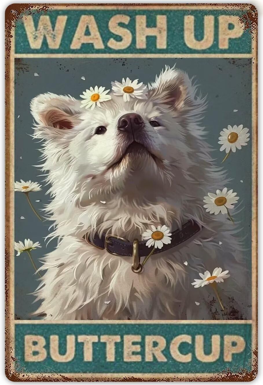 Anceky Samoyed Funny Bathroom Decor Metal Tin Sign Wash Up Buttercup Dog Poster Vintage Metal Plaque Retro Wall Decor For Bathroom Restaurant Farm Bedroom Cafe 12x16 Inch