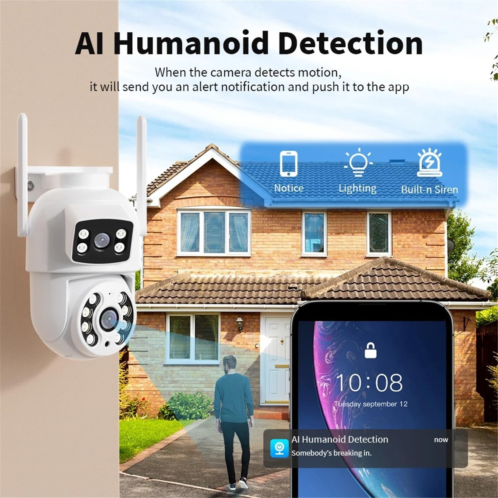 Kamera bezpieczeństwa, Kamera zewnętrzna 6 MP z podwójnym obiektywem, ekranem, AI, automatyczne śledzenie, wideo IP, kamera PTZ Wi-Fi, CCTV, dwukierunkowy dźwięk(128g)