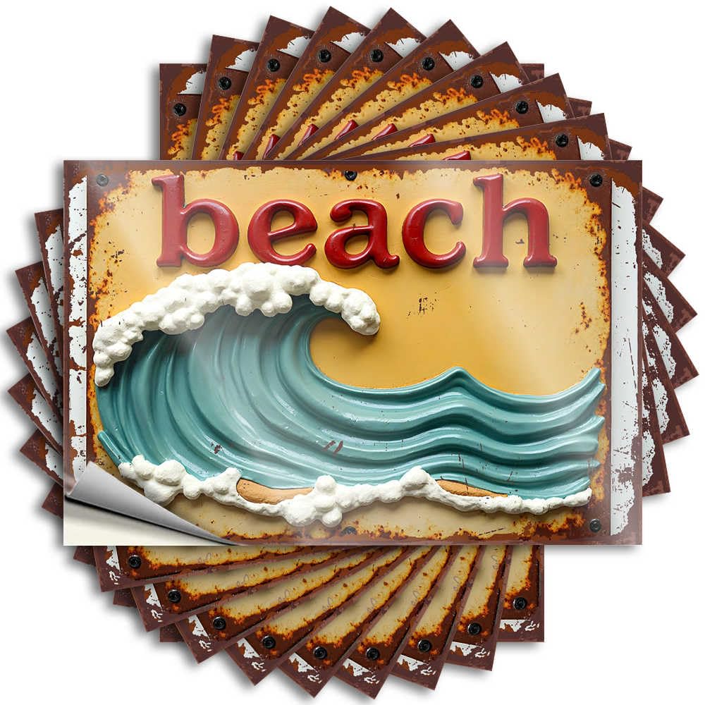 Bumper Necessities Easy Apply | Beach Wave Sign with Rusty Metal Frame Inspirational Window Peel and Stick(12X18CM)