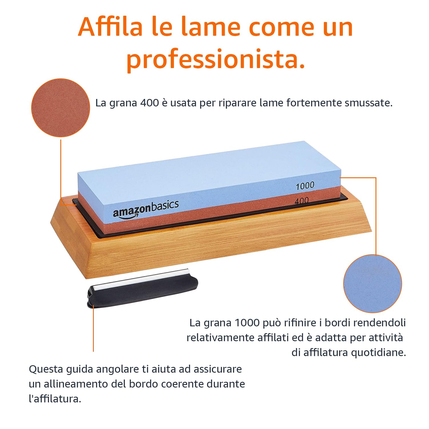 Amazon Basics Piedra de afilar de cuchillos de doble cara, grano 400/1000 con base de bambú antideslizante, color azul y rojo, 18 x 6,1 x 2,8 cm