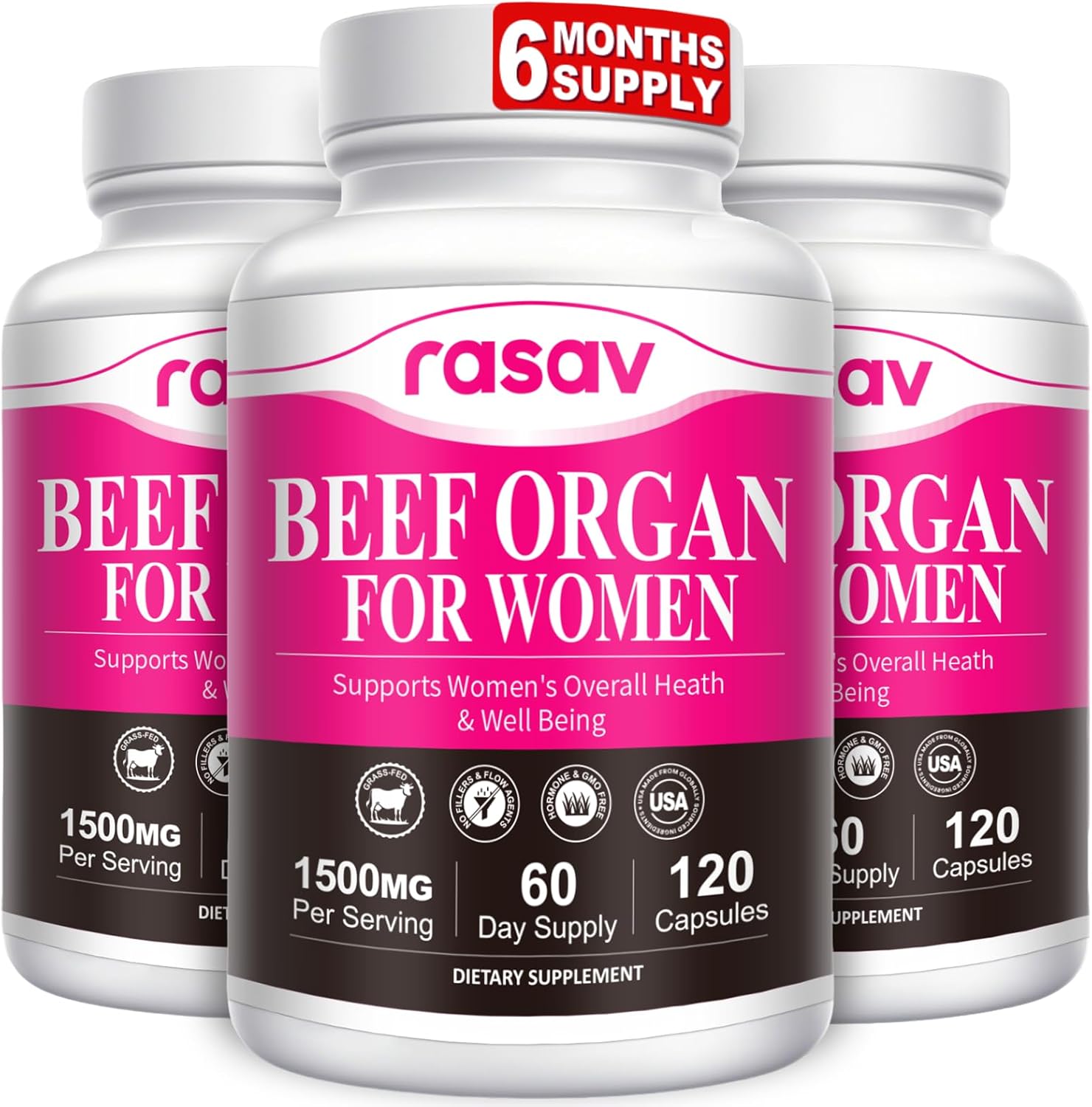Rasav 3 Pack Beef Organ Supplement for Women - Supports Hormone Balance, Ferritin & Energy Levels - Grass-Fed Beef Liver, Kidney, Heart, & More - 120 Capsules