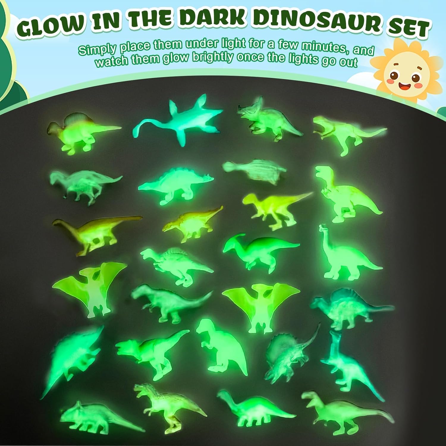 SAYAYA 200 Pieces Glow in The Dark Dinosaur Figures Bulk Small Luminous Plastic Dinosaur Cupcake Toppers Birthday Party Favors Supplies Goody Bag Filler Classroom Prizes