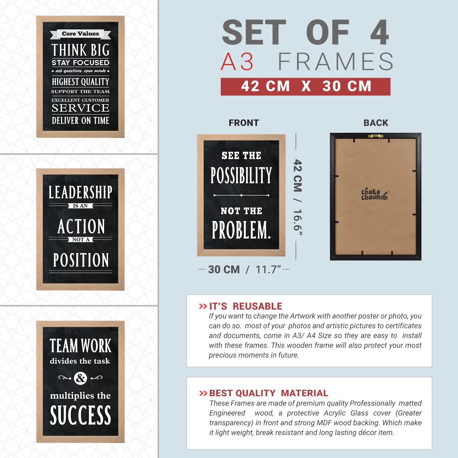 Chaka Chaundh Marcos de citas de oficina, marcos de pared con citas motivacionales para oficina, marco de pared con citas de negocios, póster de pared con citas de oficina (juego de 8, citas de