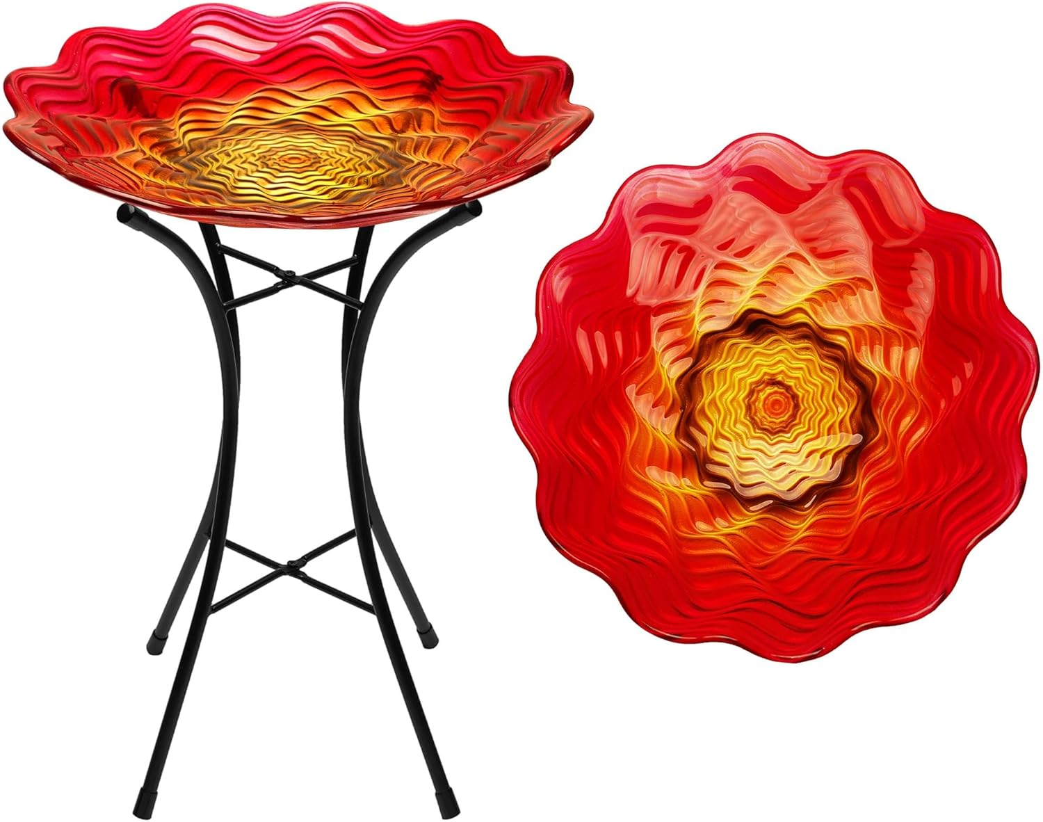 G128 19 Inch Height Glass Bird Baths with Metal Stand | Decorative Red BirdBaths Bowl Outdoor Garden Bird Feeder