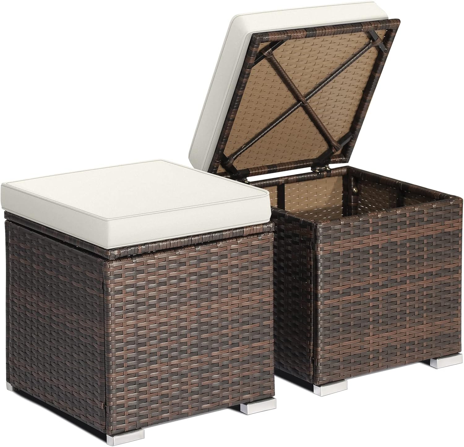 RELAX4LIFE 2Pieces Outside Rattan Ottomans Patio Wicker