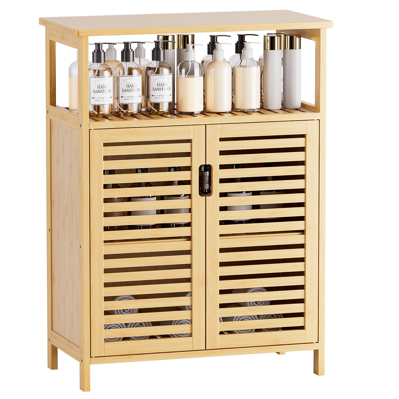 HITNET Bathroom Storage Cabinet, Bamboo Side Storage Organizer with Double Shutter Doors and Shelves, Freestanding Floor Cabinet for Living Room, Kitchen, Entryway, Natural