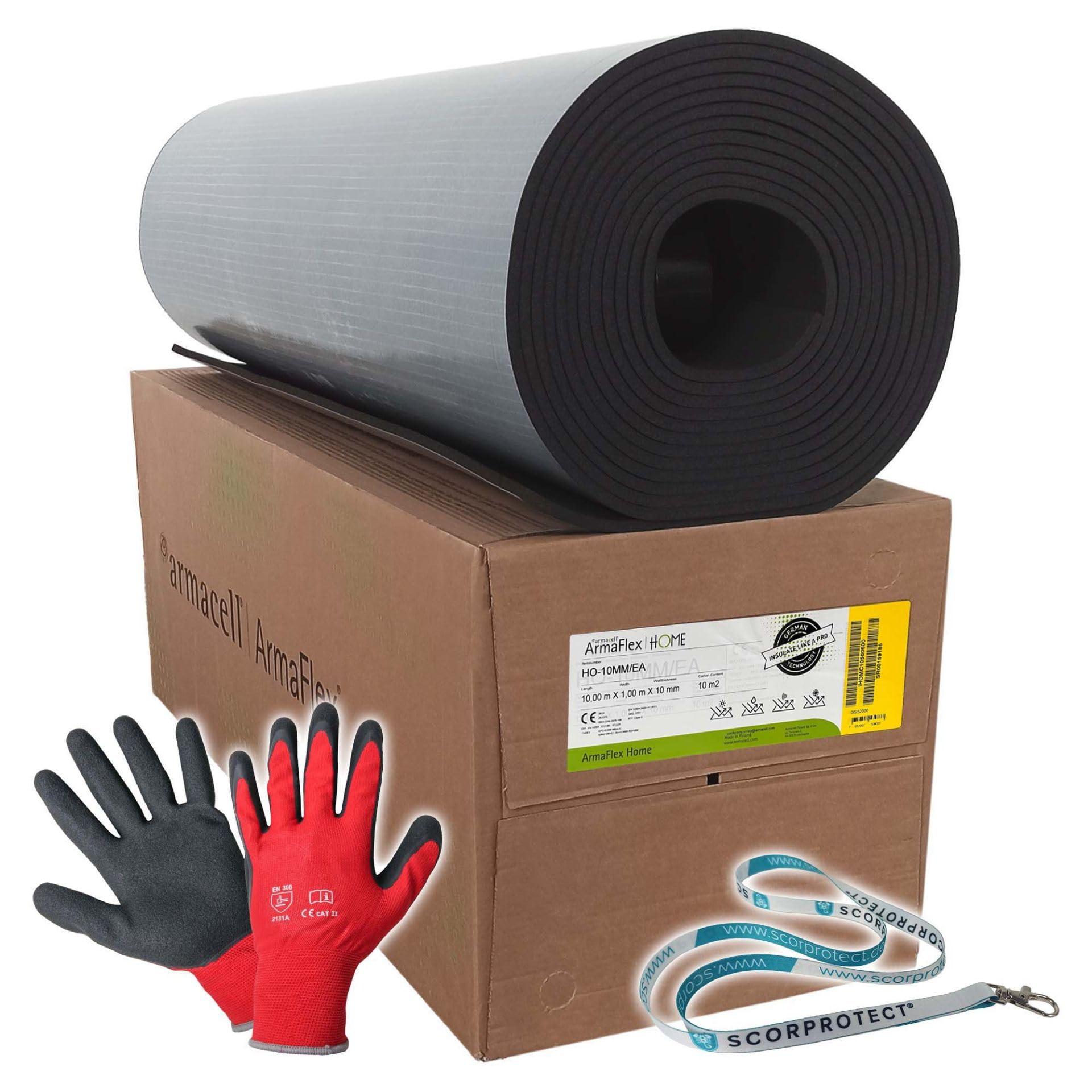 Armaflex Armacell original Home Kautschuk Platte selbstklebend (Nachfolger für die XG Platte) + rote Handschuhe (schwarz, Isolierstärke 10 mm, 1000 x 10000 mm)