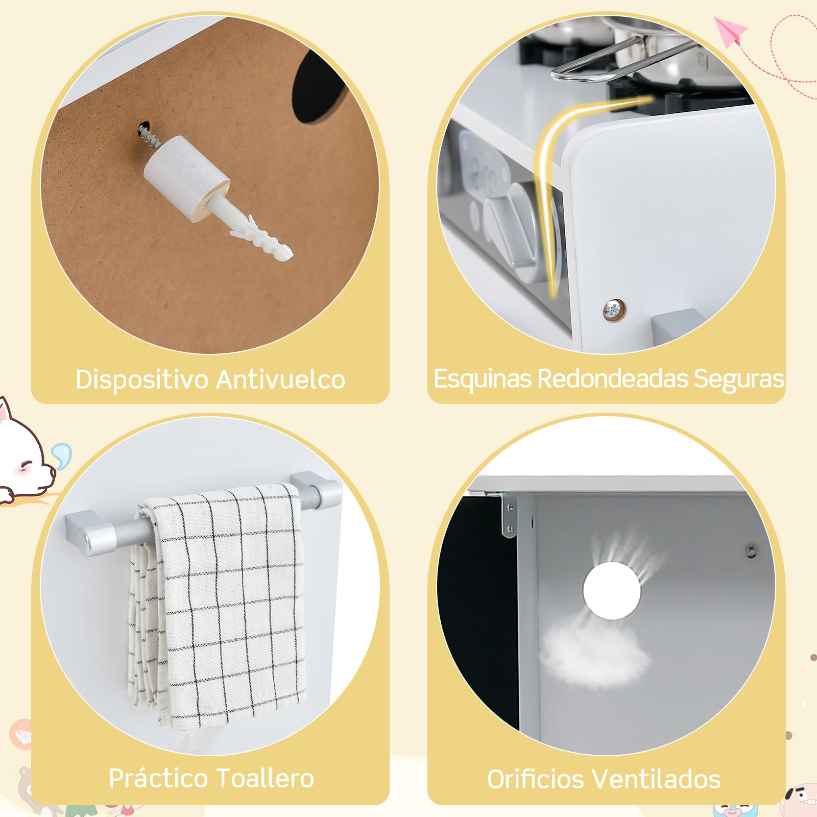RELAX4LIFE Cocina Juguete con Pizarra, Sonidos Reales, Teléfono, Estufas, Lavavajillas, Máquina de Hielo y Horno, Cocinita Infantil con Accesorios Completos para Niños 3-6 Años (Blanco)