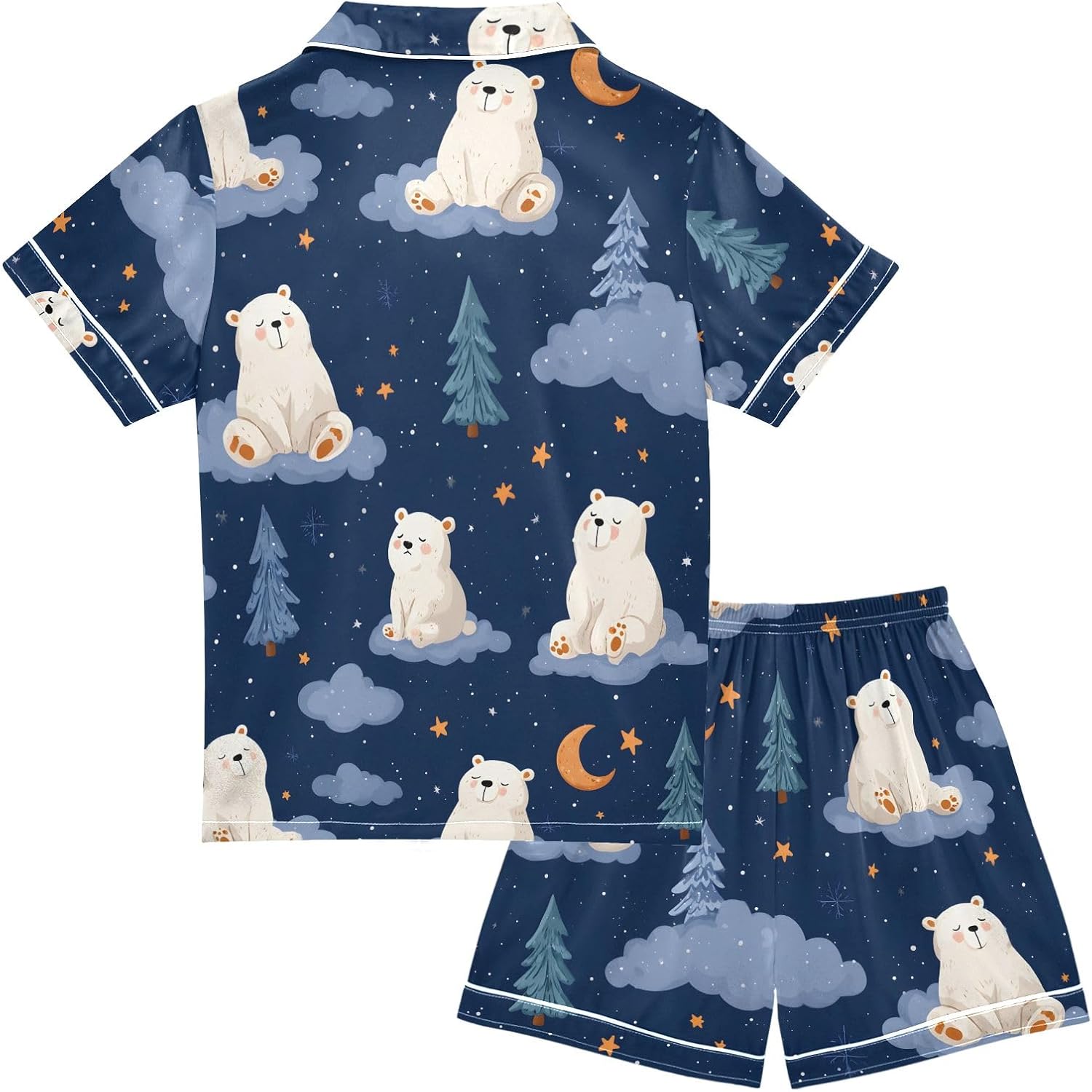 Kids Satin Wear Set Polar Bear Cloud Stars Tree Pattern Relaxed Fit Clothing Short Sleeve and Shorts