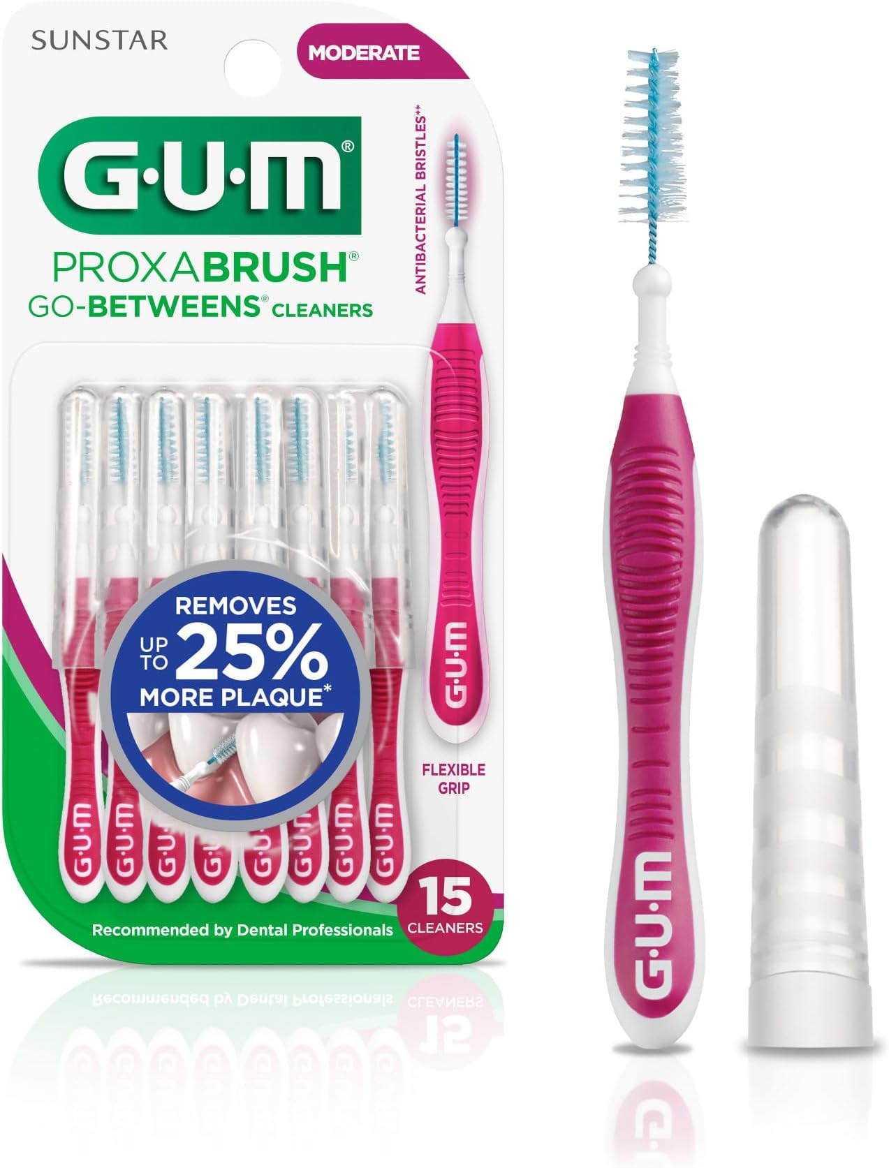 GUM Proxabrush Go-Betweens - Moderate - Interdental Brushes - Soft Bristle Plaque Removal Dental Picks - Safe for Braces and Dental Devices, 15 Count