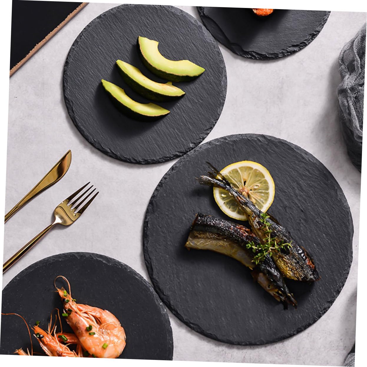Alipis Plato de Piedra Redondo Negro para Servir y Almacenar Alimentos | Pizarra Natural, Estilo Chic Rústico Creativo, Uso en Desayuno y Bistec para Hogar y Restaurante Occidental