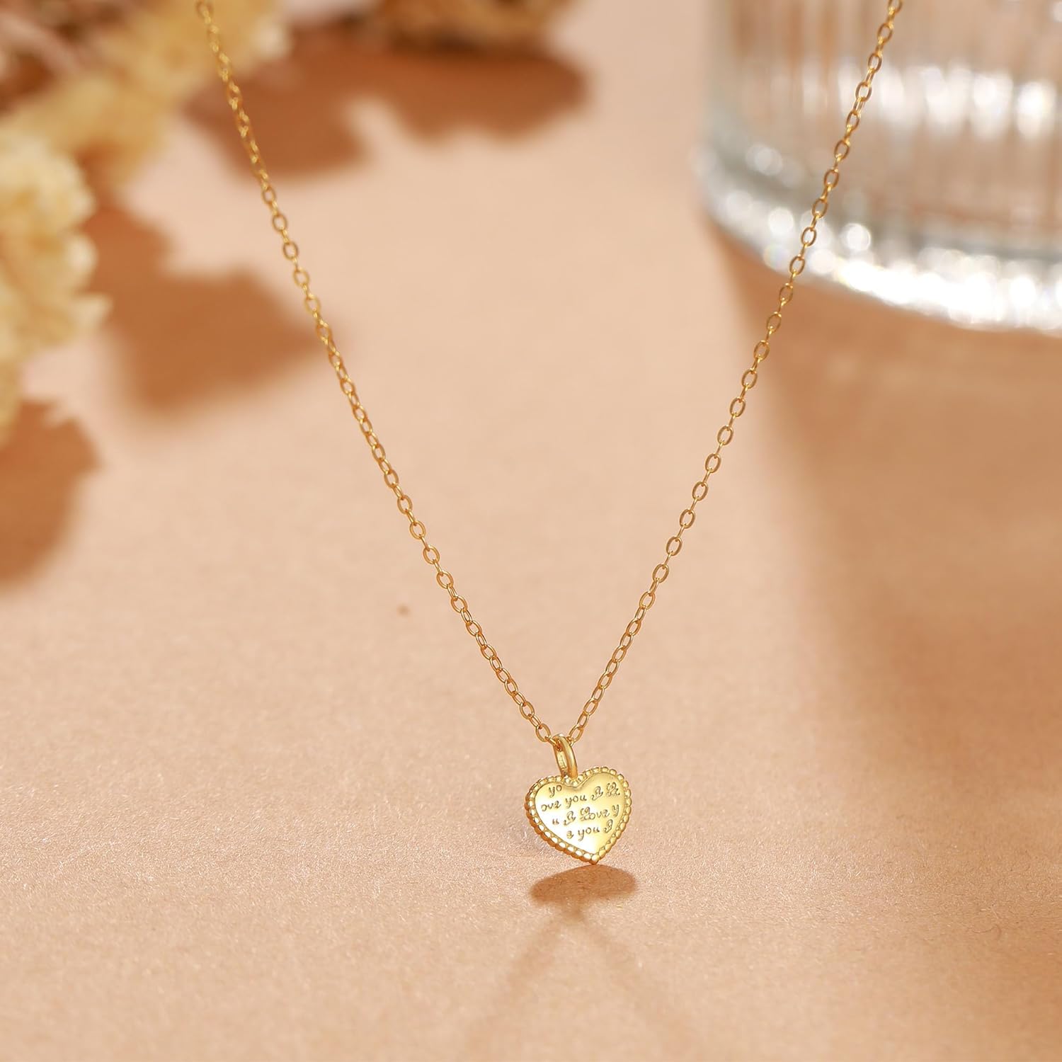 925 Sterling Silver Heart Pendant Necklace for Women 14K Gold Plated Dainty Cute Engraved I Love You Charm Chian for Mom Daughter Forever Choker Necklace Birth Wedding Mothers Day Gift Jewelry for Her