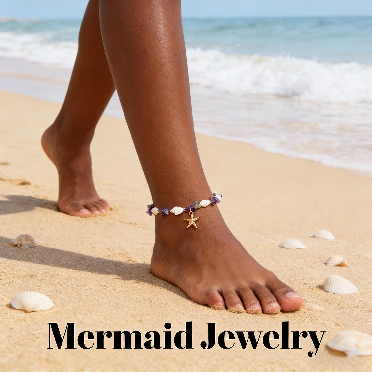 Waterproof Starfish Shell Bead Anklets Bracelets for Women Bohemian Hawaiian Beach Crushed Stone Bead Anklet Summer Mermaid Outfit Costume Jewelry Accessories image 4