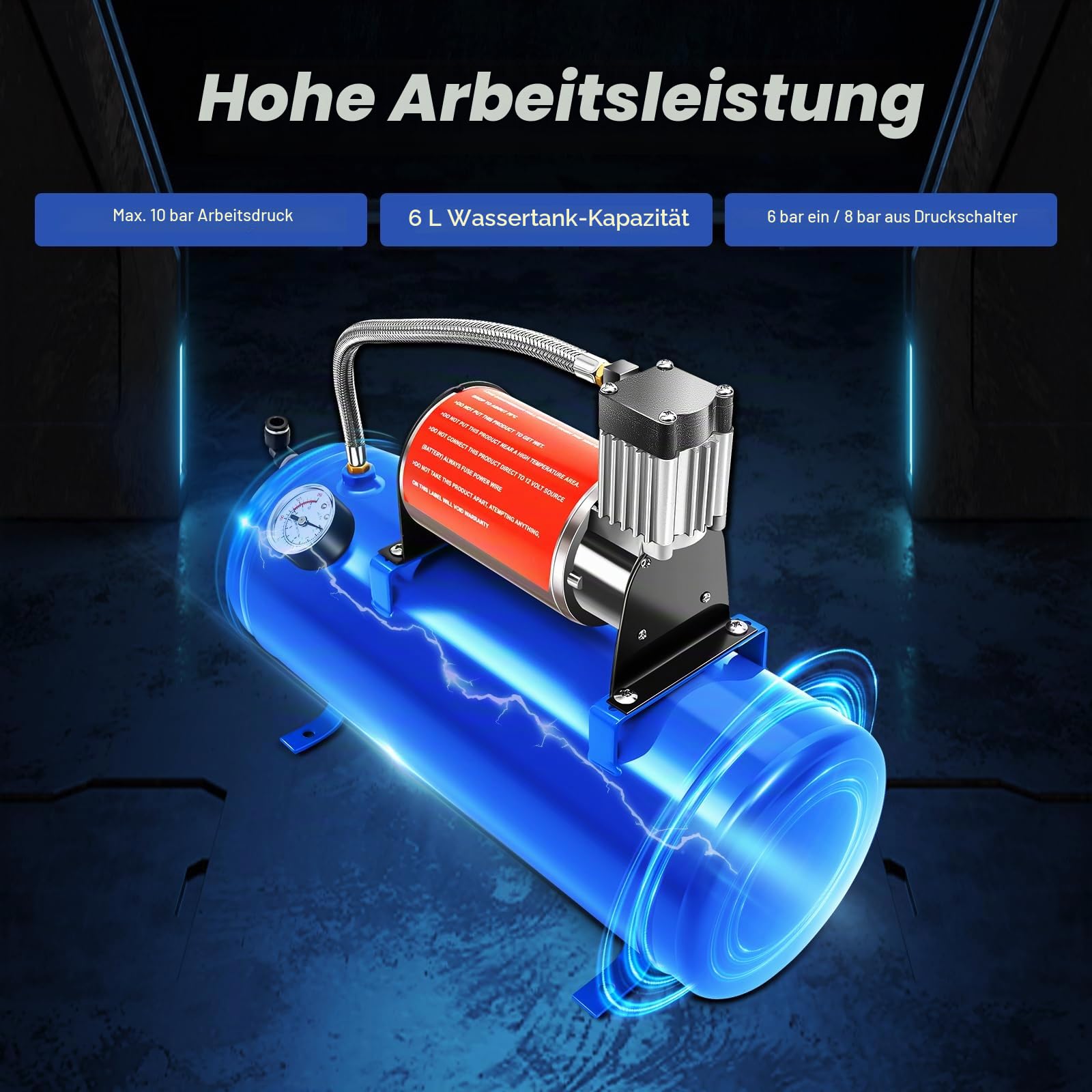 4 Trumpet Train Luft Horn Kit Und Kompressor Luftkompressor Komplettsystem Air Compressor mit 4-Rohr-Horn für Autoreifen Automotoren Fahrräder und auch Druck für Bälle und Spielzeug auffüllen 150PSI
