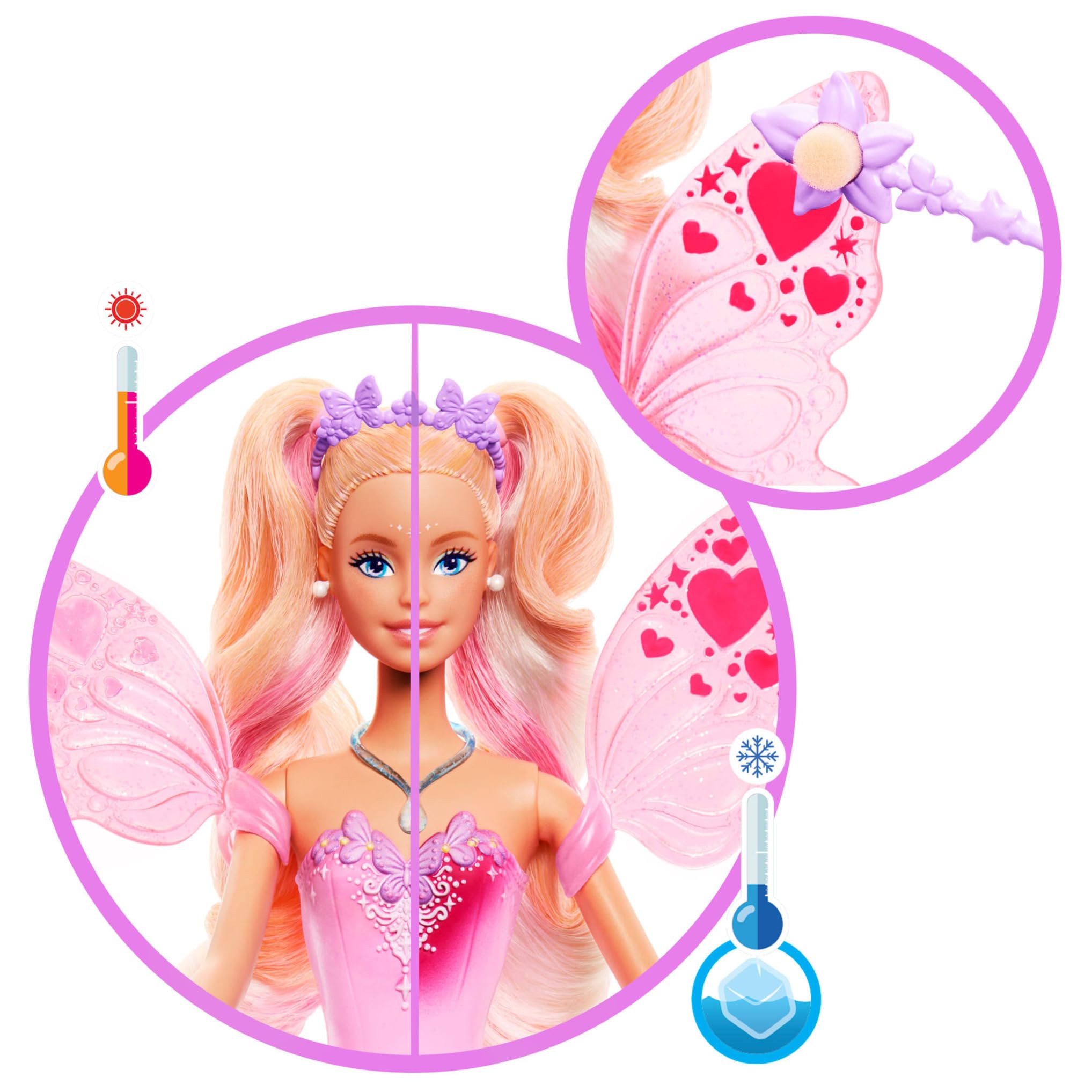 Mattel Barbie Hada Muñeca con varita de juguete y accesorios de moda, temática de fantasía con cambio de color en las alas y el conjunto, JCP76
