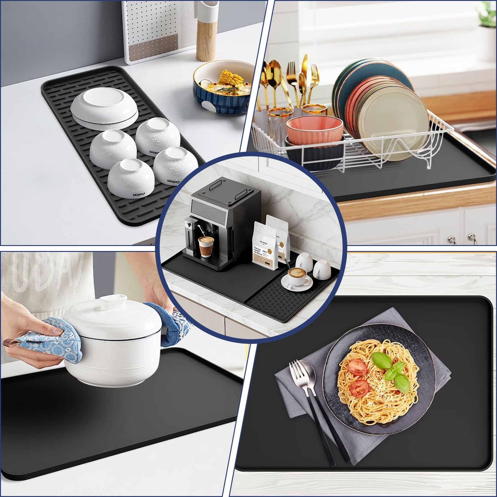 Raxfekro Tappetino in silicone per macchina da caffè 2 in 1, con tappetino antigoccia, 60 x 40 cm, resistente al calore, antiscivolo, per macchina da caffè e cucina, nero con bordo convesso e