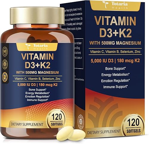 Glicinato de magnesio 500 mg + vitamina D3 5000 UI y complejo K2  Alta absorción  Estrés saludable, sueño, función muscular, salud ósea y apoyo