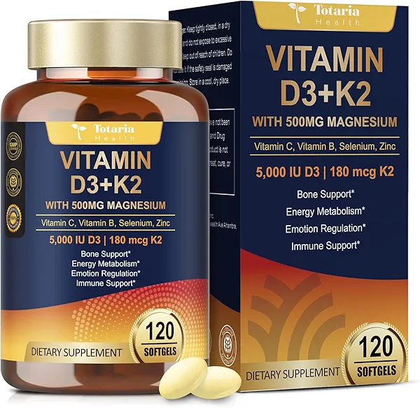 9-in-1 Magnesium Glycinate 500mg + Vitamin D3 5000 IU & K2 Complex - High Absorption - Healthy Stress, Sleep, Muscle Function, Bone Health & Energy Supports | Non-GMO, Gluten-Free 120 Softgels