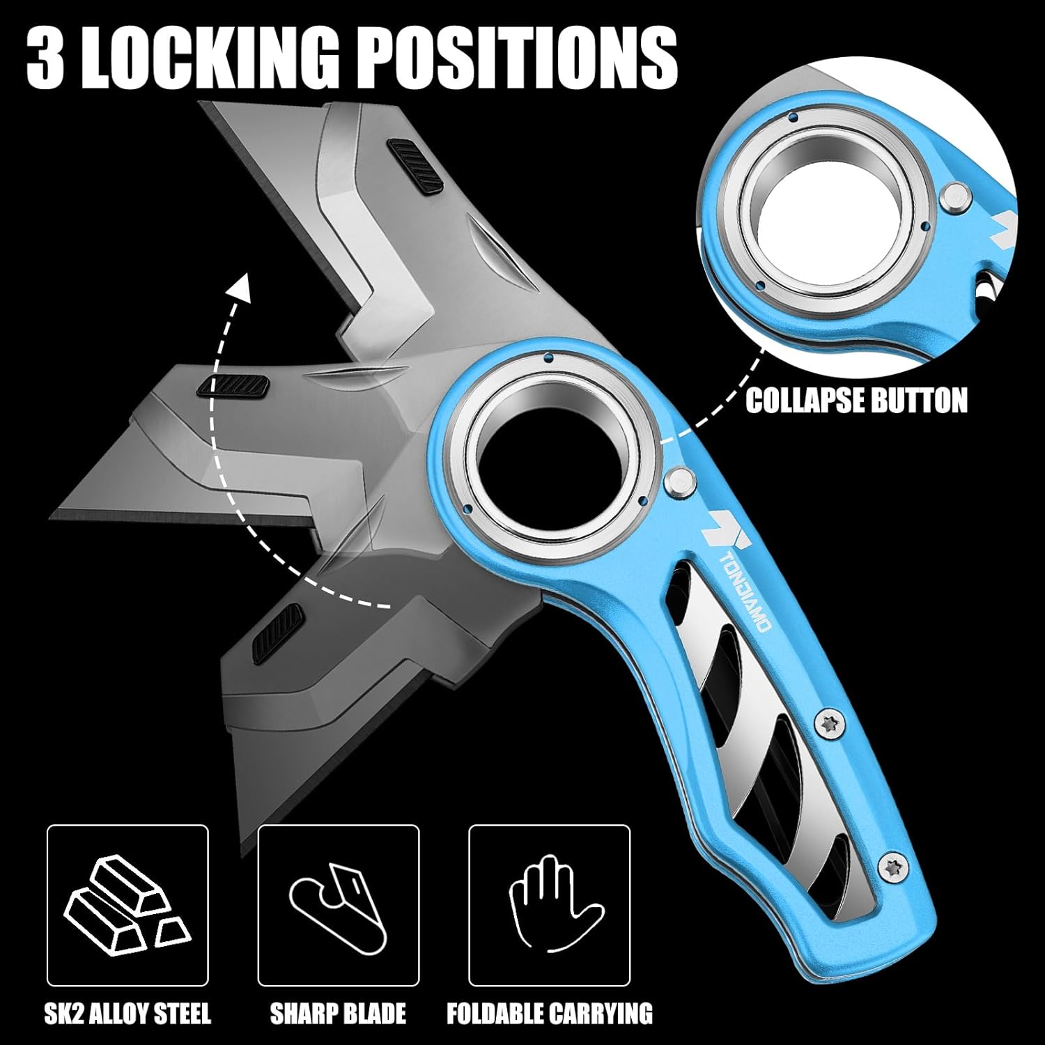 Tondiamo 2 Pcs Folding Pocket Utility Knife Heavy Duty Box Cutter Folding Razor Knife with Anti Slip Finger Loop Easy Change Blades 3 Lock Positions Design (Blue)