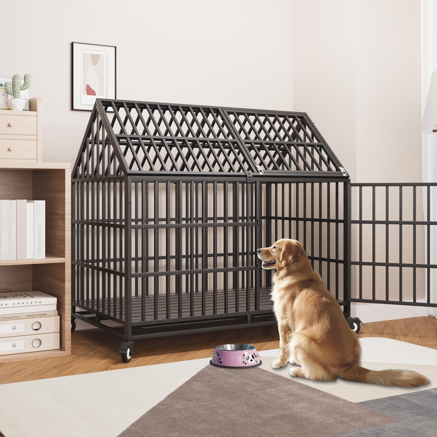 50 inch Indestructible Heavy Duty Dog Crate with 2 Bowls, Escape-Proof Indoor Impact Dog Cage for Large Giant Dogs, High Anxiety Pet Kennel with 2 Trays, 4 Wheels, 4 Locks and Double Door, XL XXL