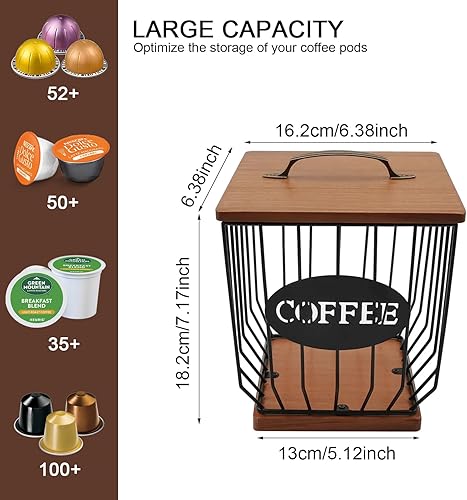 Miniatura 4 de MFBJXC Soporte cuadrado para cápsulas de café con tapa y base de madera, cesta de almacenamiento de cápsulas de café de alambre de gran capacidad