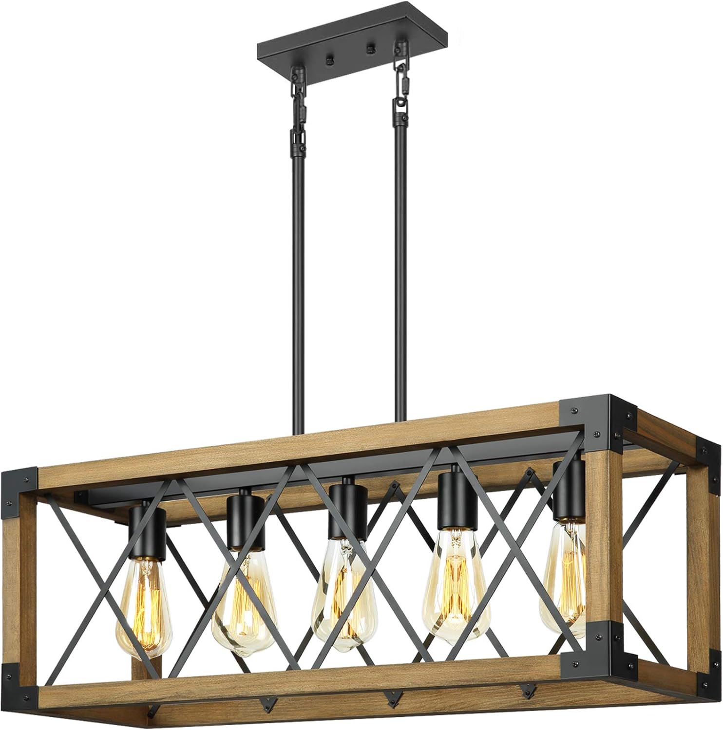 Lampundit 5 Lights Kitchen Island Lighting Wood Rectangular Farmhouse Chandeliers Rustic Vintage Linear Pendant Light Fixture for Dining Room, Oil Black & Wood Finish