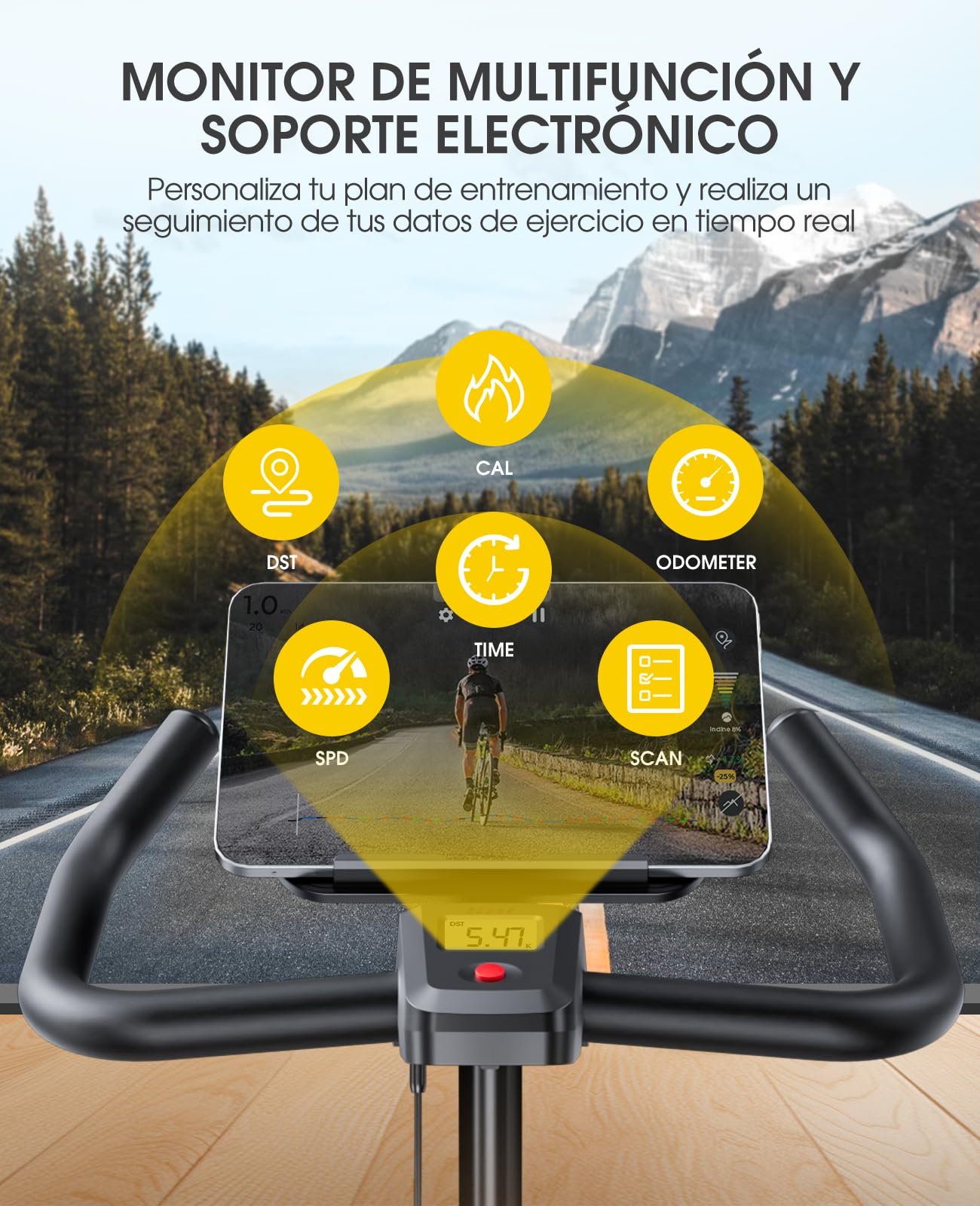 Toputure Bicicleta Estatica Magnética con APP, Bicicleta de Spinning Ultral Silenciosa con Volante 15KG, Asientos Cómodos y LCD Pantallas, Soporte para Tableta, Ejercicio en Casa, MAX150KG