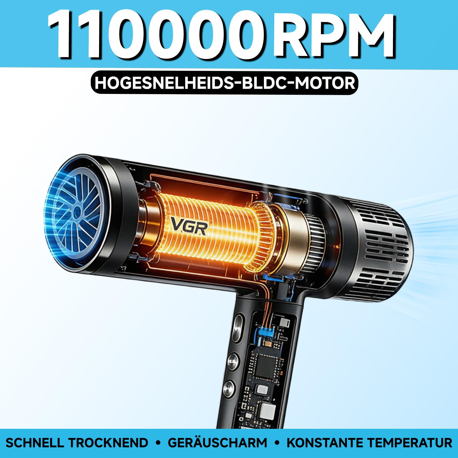 VGR 640 HD Haartrockner Professioneller, Hair Dryer Mit 11000 U/min Motor | Föhn Mit Drei Magnetischen Styling Aufsätzen Schnelles Trocknen, Ionen Föhn Mit Abnehmbare Reinigungsrückseite