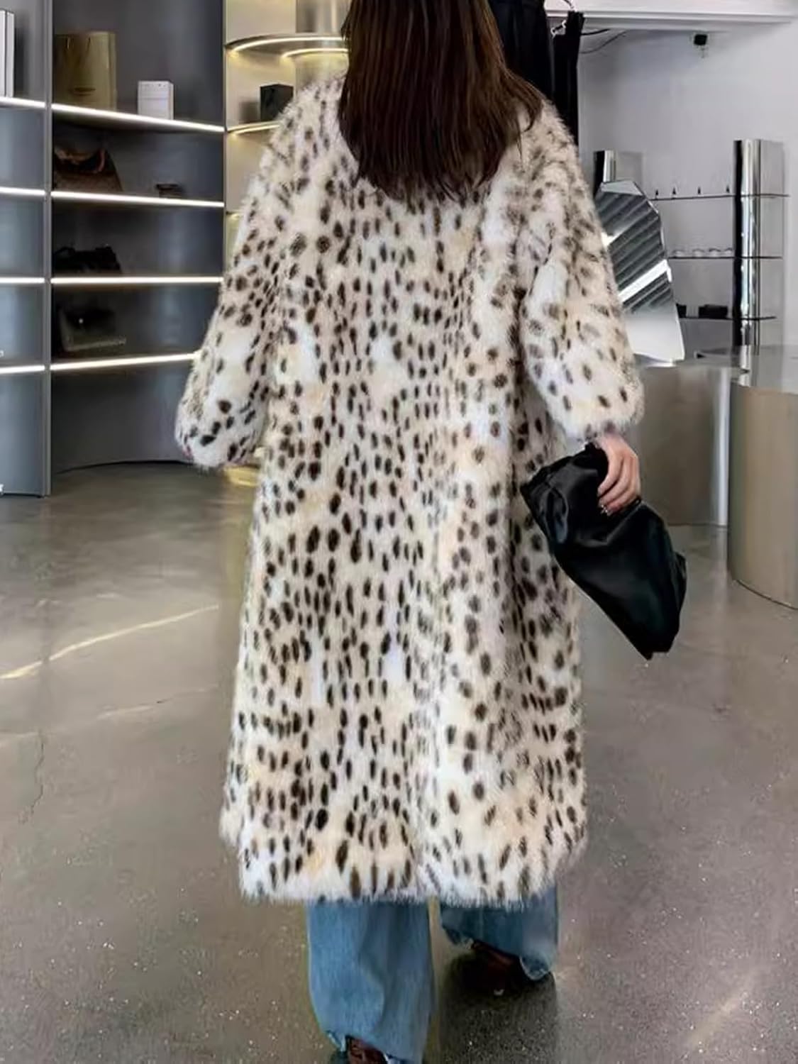 Womens Faux Fur Leopard Long Coat Lapel Cardigan Fur Jacket Winter Thermal Outerwear