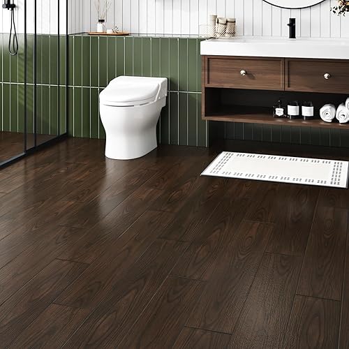 Azulejos de suelo de baño de 6 x 36 pulgadas, azulejos autoadhesivos de vinilo de madera, impermeables, para cocina, sala de estar, dormitorio,