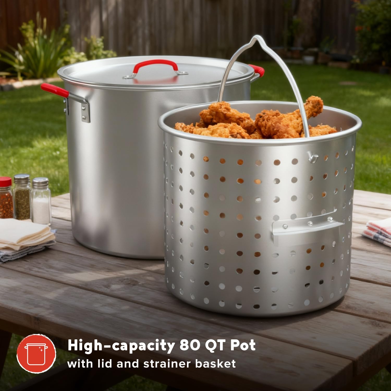 Megamaster 80 Qt Aluminum Turkey Fryer Pot with Basket, Premium Seafood Boil Pot with Lid and Silicon Handles, Large Stock Pot for Frying Turkey, Seafood, Crawfish, Crab - 630-13006