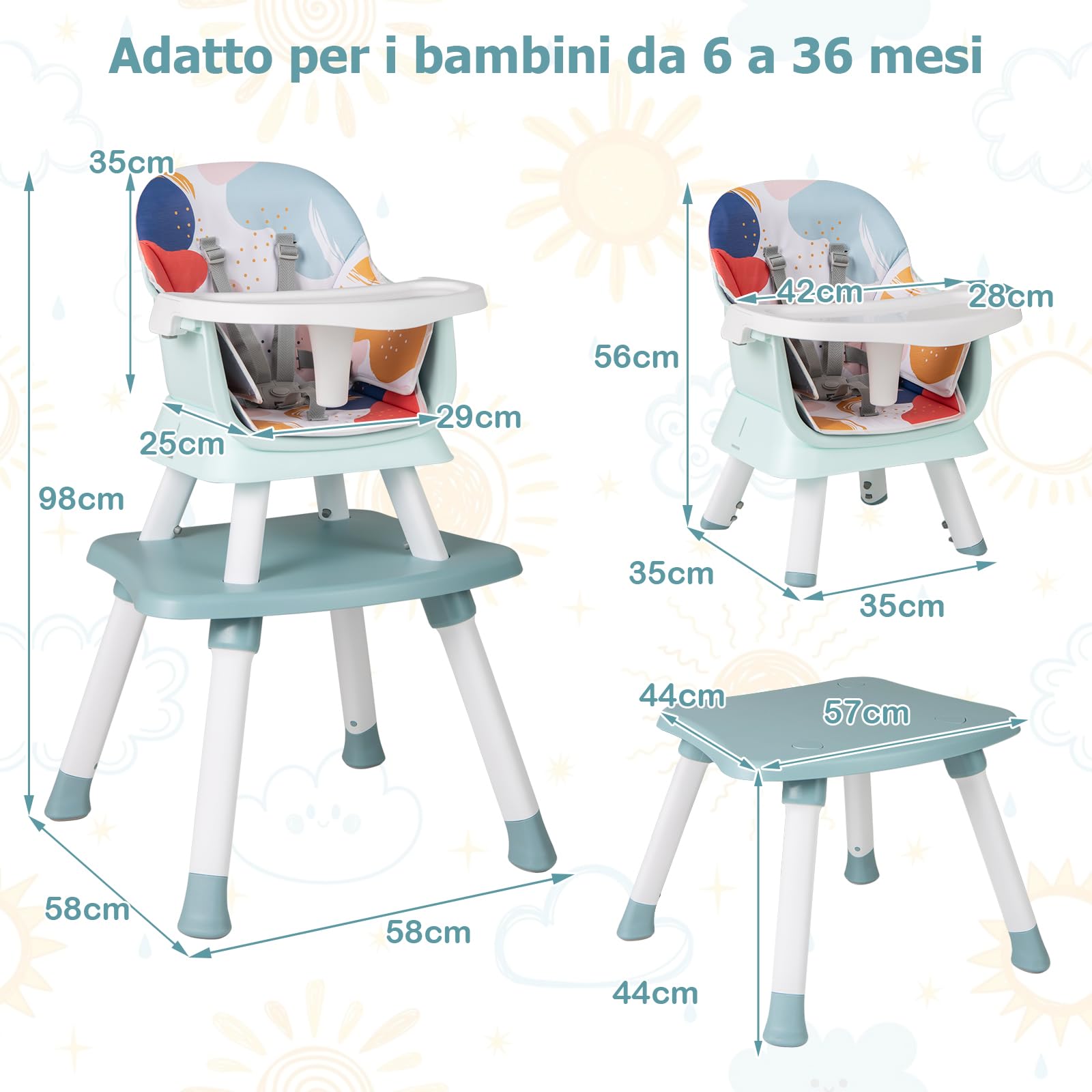 RELAX4LIFE 6 en 1 Trona Bebé con Arnes de 5 Puntos y Cojín Desmontables, Tronas de Bebe Portátil con Bandeja Ajustable y Extraíble, Mesa y Silla Infantil para Niños 6+ Meses, Carga 25kg (Turquesa)