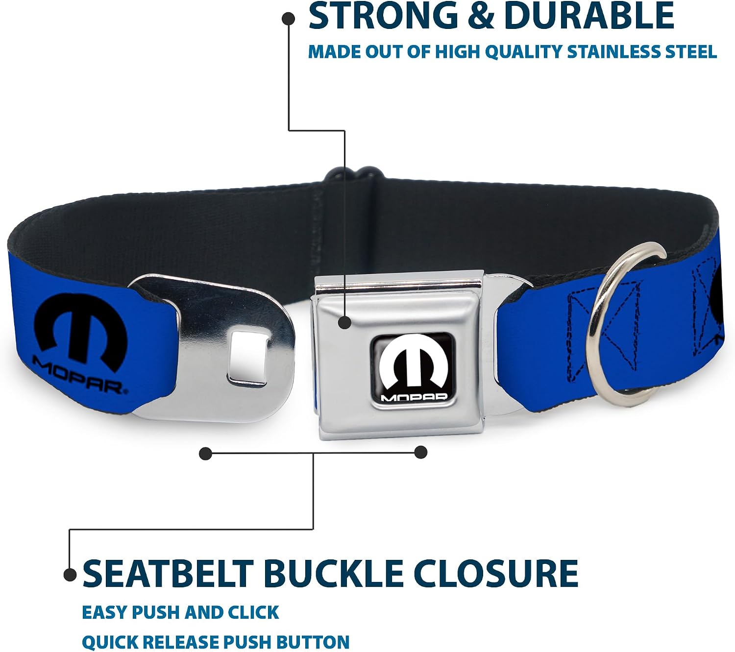 Dog Collar Seatbelt Buckle Mopar Logo Repeat Blue Black 9.5 to 13 Inches 1.0 Inch Wide