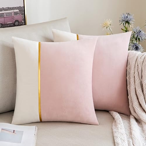 Miniatura 8 de ANRODUO Paquete de 2 fundas de almohada decorativas de terciopelo con funda de almohada de cuero dorado funda de cojín suave y sólida cuadradas para