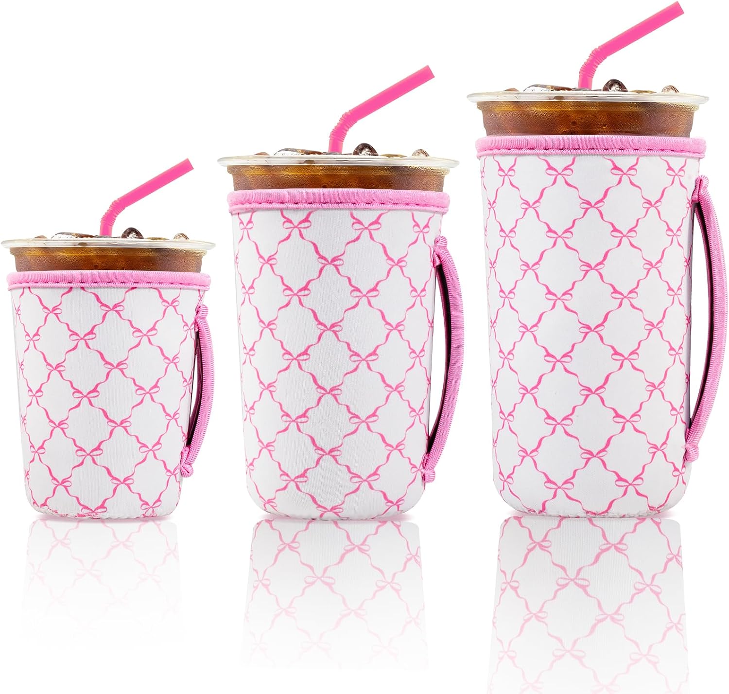 Neoprene Cup Sleeve with Handle - Reusable 3-Pack Iced Coffee Cup Sleeve for Cold Drinks, Pink Bow Design, Party Drink Decor, Temperature Control