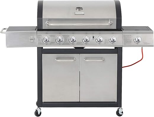 Kamino BBQ Gasgrillwagen Tennessee, 6 Brenner mit 1 Seitenbrenner, Edelstahl-mit Seitentisch, Grillstation, schwarz/silberfarben