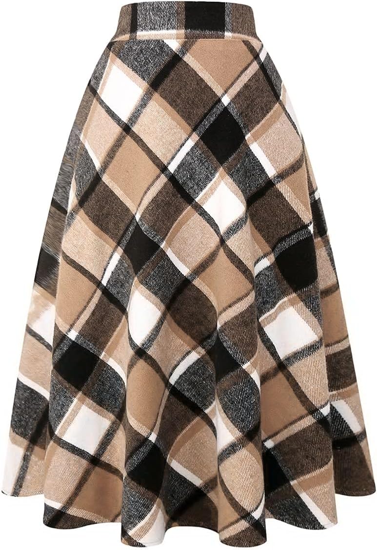 IDEALSANXUN Womens Plaid Wool Skirts Elastic Waist A-Line Pleated Tartan Long Skirts