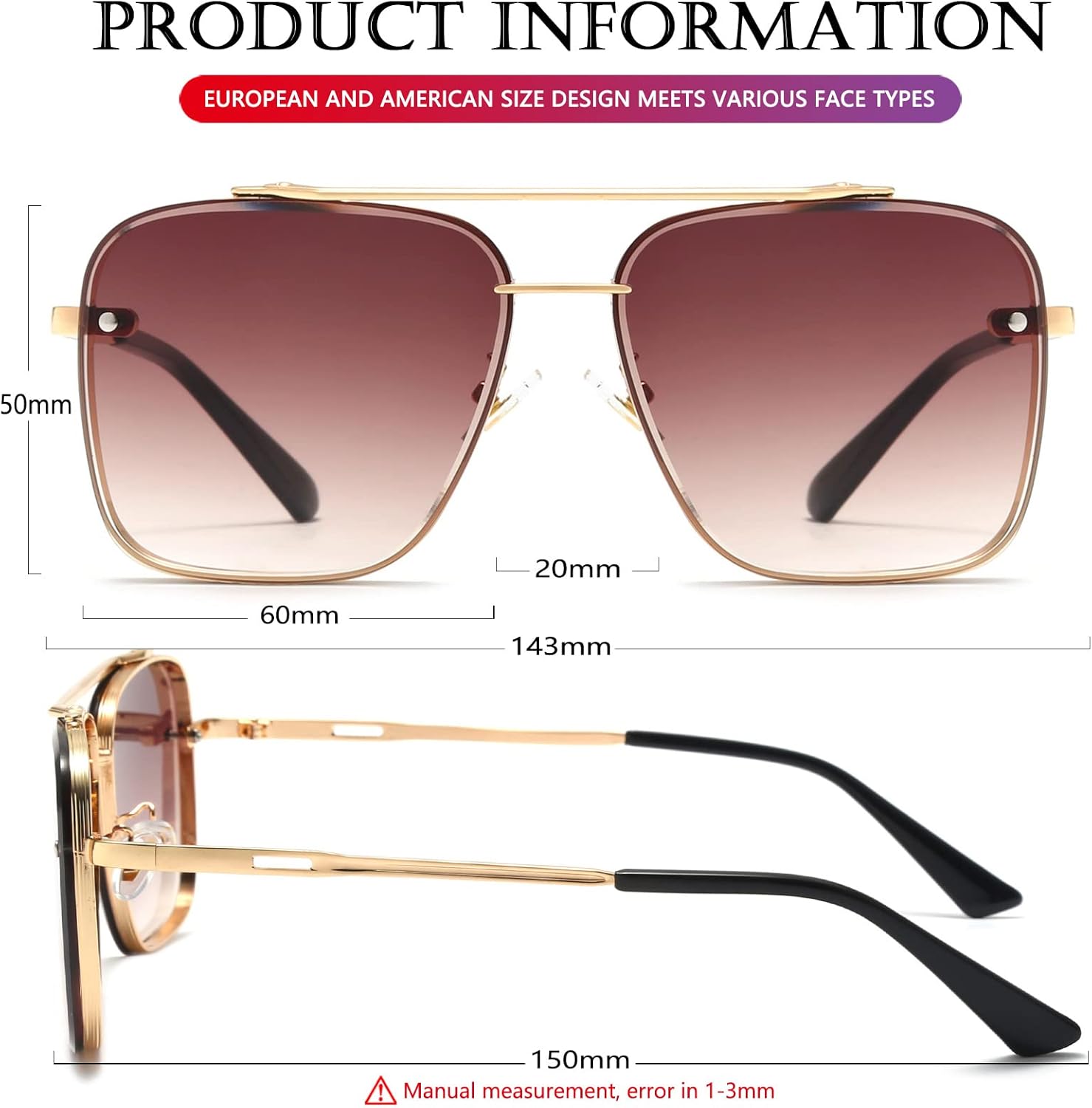 AIEYEZO Oversized Square Sunglasses for Men Women Fashion Metal Frame Square Aviator Gradient Shades - Image 5